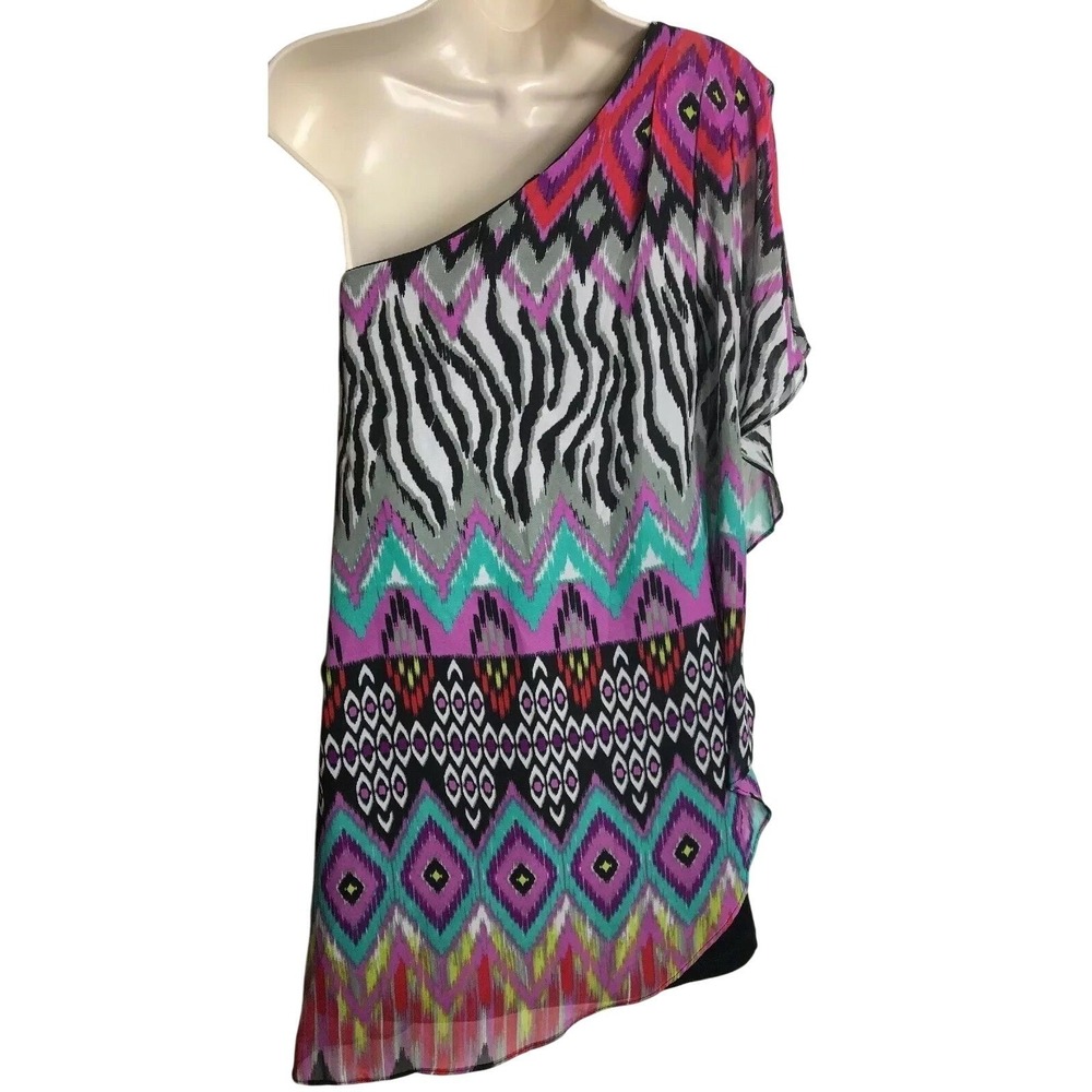 Bisou Bisou Michele Bohbot One Shoulder Dress Size 4 Zebra Geometric Print Black - Picture 12 of 12